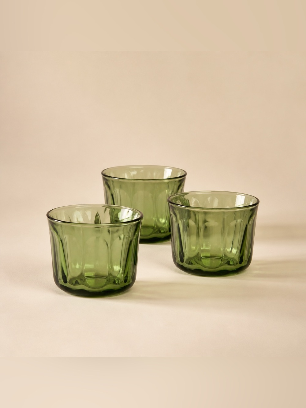 Hazel-Atlas "Lyric" pattern whiskey tumblers in Avocado Green 4-8 oz. Size.